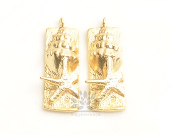 P1154-MG/MR/// Matt Gold or Matt Rhodium Plated Rectangle Starfish & Conch Shell Pendant, 2pcs