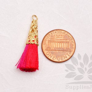 T003-01-MRP// Gold Plated Cone Multi Red, Pink 34mm Tassel Pendant, 4pcs image 2