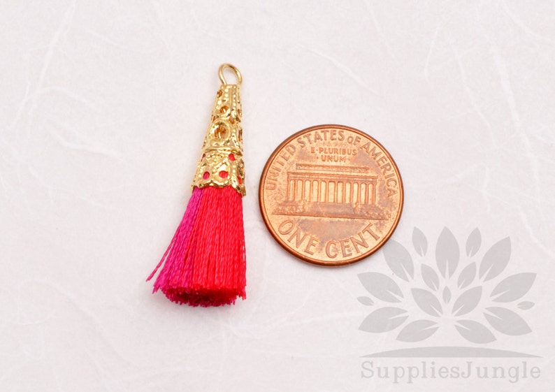 T003-01-MRP// Gold Plated Cone Multi Red, Pink 34mm Tassel Pendant, 4pcs image 2