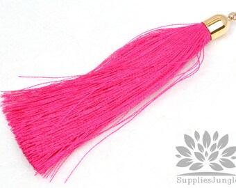 T008-G-PK// Gold Plated Round Cone Pink Tassel Pendant, 2pc