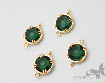 F110-G-EM// Gold Plated Framed Emerald Glass Stone Connector, 2Pc