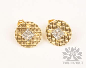 E305-WH// Matt Gold Plated White Center Round Waffle Earring Post, 2pcs