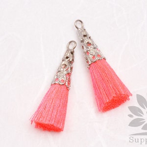 T003-01-R-NP// Original Rhodium Plated Cone Neon Pink 34mm Tassel Pendant, 4pcs image 1