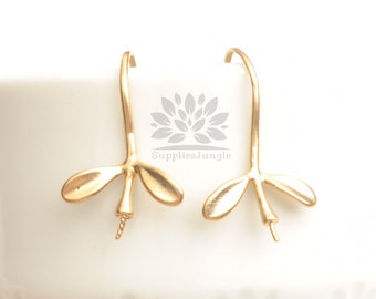 E397-MG/MR/// Matt Gold or Matt Rhodium Plated Sprout Leaf Earring Hooks, 2pcs