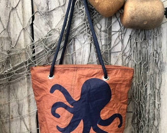 Recycled Sail Octopus Shoulder Bag, Nautical Tote, Tanbark Sail Bag