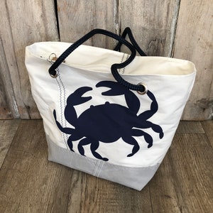 Recycled Sail Shoulder Bag, Large Navy Crab, Nautical Tote