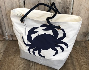 Recycled Sail Shoulder Bag, Large Navy Crab, Nautical Tote