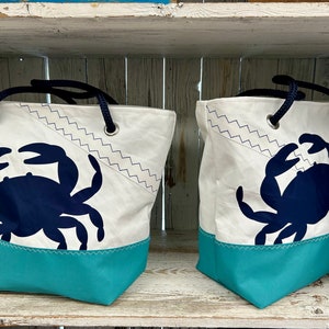 Recycled Sail Shoulder Bag, Large Navy Crab, Nautical Tote