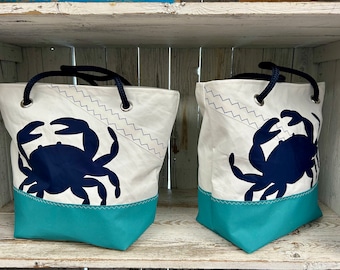 Recycled Sail Shoulder Bag, Large Navy Crab, Nautical Tote