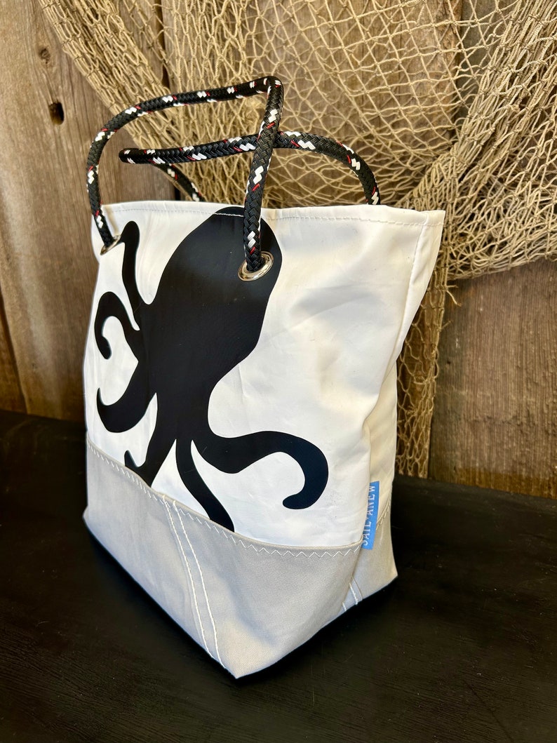 Recycled Sail Shoulder Bag, Large Octopus, Nautical Tote image 2