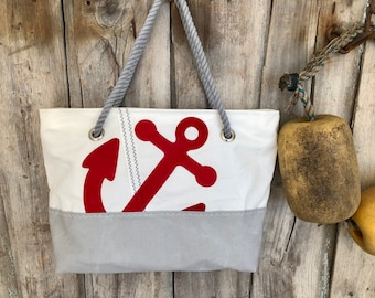 Recycled Sail Red Anchor Handbag, Nautical Tote