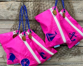Recycled Sail Wristlet; Nautical Pouch; Bright Pink/Royal Wristlet