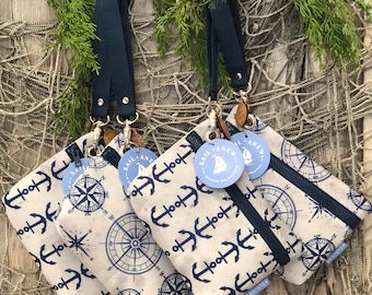 Weathered Gray and Navy Compass Rose Sail Wristlet