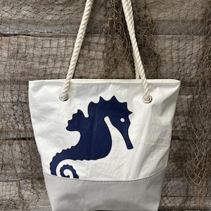 Recycled Sail Shoulder Bag, Large Navy Seahorse; Nautical Tote