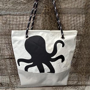 Recycled Sail Shoulder Bag, Large Black Octopus; Nautical Tote