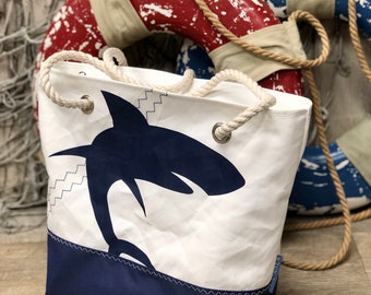 Recycled Sail Shoulder Bag, Large Navy Shark Nautical Tote