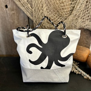 Recycled Sail Shoulder Bag, Large Octopus, Nautical Tote image 1