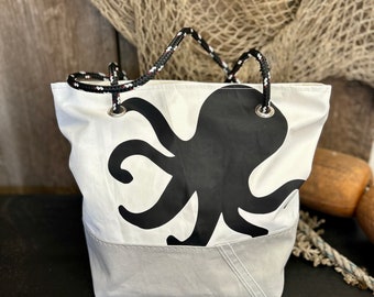 Recycled Sail Shoulder Bag, Large Octopus, Nautical Tote