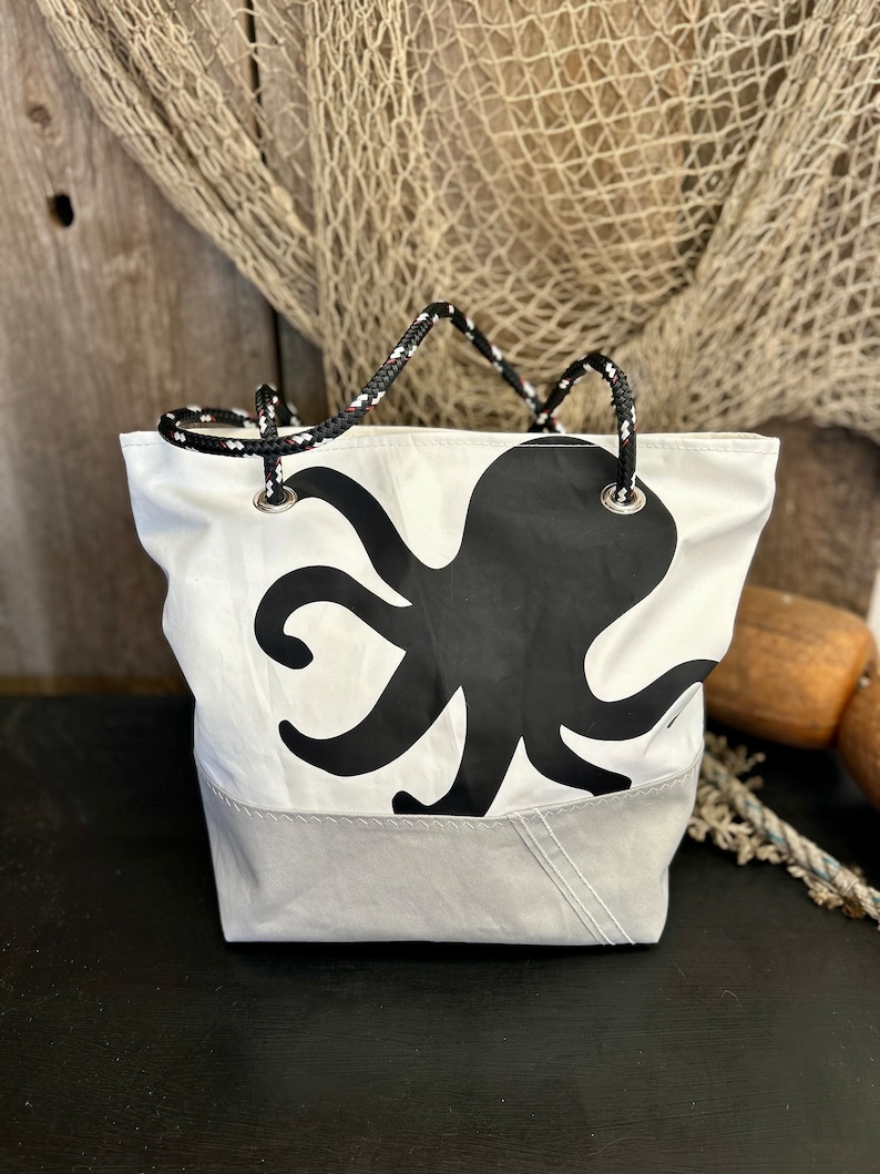 Recycled Sail Shoulder Bag, Large Octopus, Nautical Tote image 1