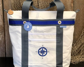 Recycled Sail Compass Rose Deck Tote, Extra Large Nautical Sailcloth Bag