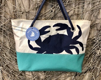 Recycled Sail Navy/Aqua Crab Handbag; Nautical Purse