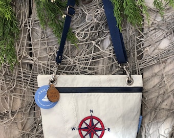 Recycled Sail Ditty Bag;  Compass Rose Nautical Crossbody