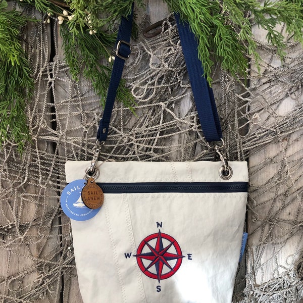 Recycled Sail Ditty Bag;  Compass Rose Nautical Crossbody