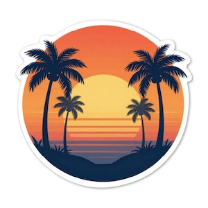 May include: A circular sticker depicting a sunset with palm trees. The design uses orange, yellow, and blue gradients, with silhouetted palm trees and a setting sun. The sticker has a white border.