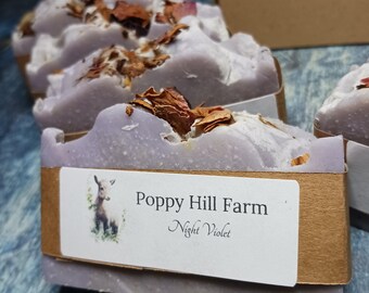 Goat milk soap-Night Violet scented with rose petals -handcrafted in small batches-Nigerian Dwarf dairy goats-natural and moisturizing