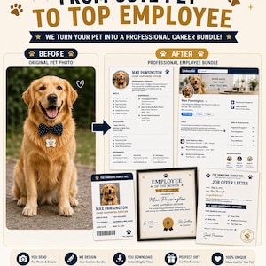 Pode incluir: Um gráfico digital mostrando um golden retriever com uma gravata borboleta azul, transformado em um pacote de carreira profissional incluindo currículo, perfil do LinkedIn, crachá, certificado de funcionário do mês e carta de oferta.