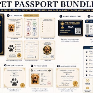 May include: A Pet Passport Bundle featuring a dark blue passport book with gold text and emblem, a VIP member card with QR code, a boarding pass, and certificates for vaccination, paw prints, driver license, and adoption with detailed pet info.
