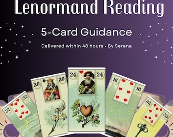 Peut inclure: Graphique violet avec le texte "Lenormand Reading" et "5-Card Guidance". Cinq cartes Lenormand de style vintage sont affichées, chacune avec des illustrations et des numéros uniques. Le fond est violet foncé avec des étoiles et des symboles célestes.