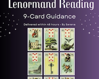 Peut inclure: Graphique d'une lecture Lenormand présentant neuf cartes illustrées et numérotées. Le fond est violet avec des étoiles, avec le texte "Lenormand Reading" et "9-Card Guidance".