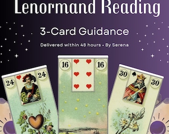 Peut inclure: Image promotionnelle pour une lecture Lenormand. Le design présente trois cartes de tarot avec des illustrations et des chiffres, sur un fond violet avec le texte "Lenormand Reading" et "3-Card Guidance."