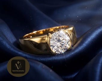 Round Solitaire Half Bezel Ring, Wide Band Gold Engagement Ring, Promise Ring, Anniversary Present