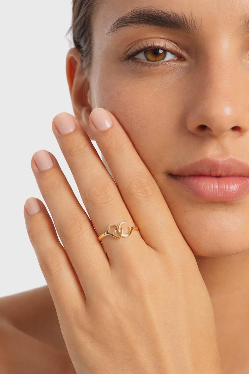 Cursive Two Initial Ring, Custom Script Letter Ring, 14K Solid Gold Option, Personalized Gift for Her, Christmas Gift