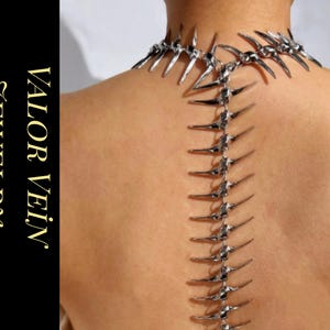 Puede incluir: Un conjunto de joyas plateadas que incluye un collar y una pieza para la espalda. El collar se envuelve alrededor del cuello y un diseño similar a una columna vertebral se extiende por la espalda. Las palabras "Valor Vein Jewelry" están impresas verticalmente sobre un fondo negro.