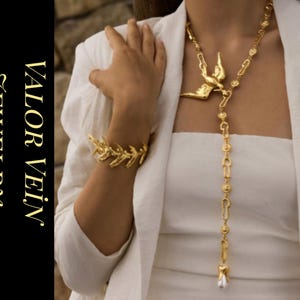 Gold Swallow Pendant Long Necklace, Old Money Bridal Statement