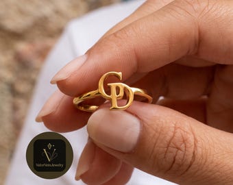 Custom Two Initial Gold Ring, 14K Solid Gold, Personalized Jewelry