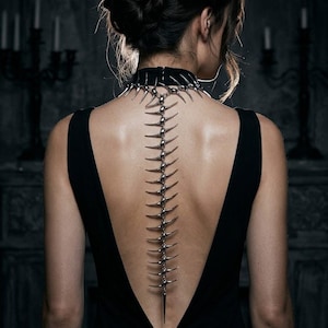 Könnte beinhalten: Ein schwarzes ärmelloses Kleid mit tiefem Rückenausschnitt und einer silberfarbenen Metall-Körperkette in Form einer Wirbelsäule. Die Kette besteht aus mehreren gebogenen, spitzen Segmenten, die von einem schwarzen Halsband herabhängen.