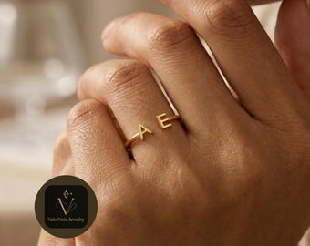 Personalized Double Initial Gold Cuff Ring, Adjustable Fit, Everyday Wear