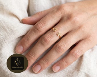 Double Initial Ring with Stones, Personalized Two Letter Ring, Couples Initial Ring, Christmas Gift, Black Friday Sale, Cyber Monday Sale