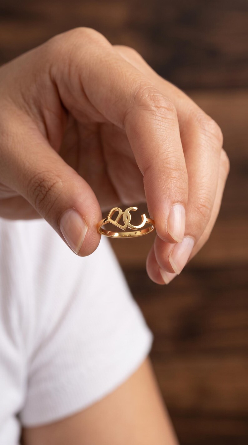Cursive Two Initial Ring, Custom Script Letter Ring, 14K Solid Gold Option, Personalized Gift for Her, Christmas Gift