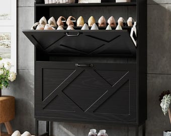 Modern Black Shoe Cabinet, 2 Flip Drawers, Slim Entryway Shoe Rack