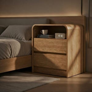 May include: A wooden nightstand with two drawers, a digital clock displaying 10:30, a stack of books, and a white mug. The nightstand is next to a bed with a gray headboard and bedding. The room has a warm, inviting atmosphere.