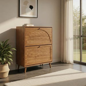 May include: A two-door wooden cabinet with a light brown finish. The top door has a curved, woven design, while the bottom door has a rectangular woven pattern. The cabinet sits on four angled legs. A framed artwork hangs above the cabinet.