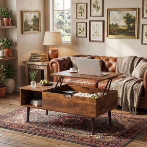 May include: A lift-top coffee table with a distressed wood finish. The table is open, revealing storage space. A laptop and coffee cup sit on the tabletop. The room features a leather sofa, area rug, and framed artwork.