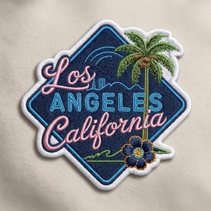 Vintage Style Los Angeles Patch - Pink & Blue Retro Cali Embroidery - California Adventure Badge - Iron-On / Sew-On Souvenir for Travelers
