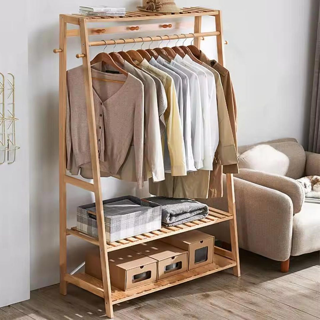 Bamboo Clothes Rail Rack Free Standing Garment Rack With 3 Storage ...
