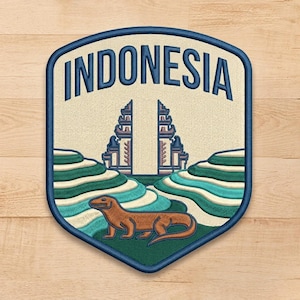 May include: Embroidered patch featuring the word "INDONESIA" in blue, above a detailed illustration of a Komodo dragon and terraced rice paddies. The patch has a blue border and a beige background.